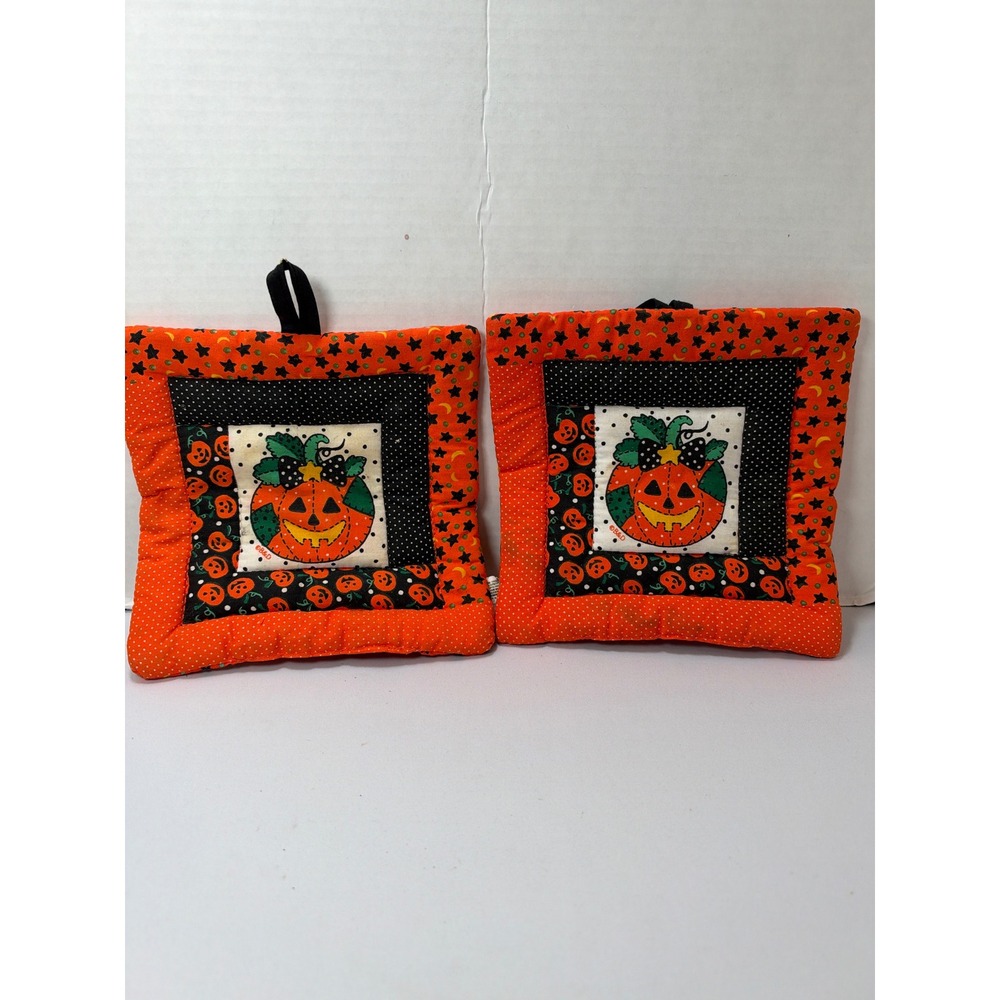 Vintage B&D Pot Holder Set Orange Halloween Pumpkin Quilted 2pc 7"